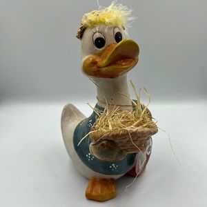 Rare Vintage duck handpainted has a straw hat with hair, carrying a hat basket